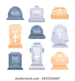 Set of different types of empty tombstone collection. Grave headstone. Cemetery graves and gravestones svg