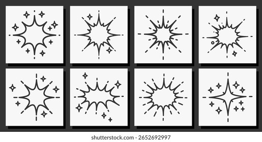Un conjunto de diferentes tipos de explosiones o chispas. Las Imágenes en blanco y negro varían en tamaño y forma.