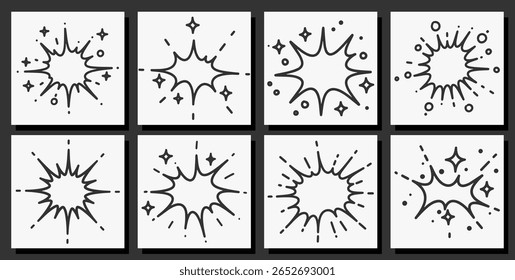 A set of different types of explosions or sparks. The black-and-white images vary in size and shape.