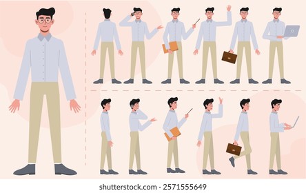 A set of different types and expression of characters. A young man with glasses from various angles. Views from the front, side, back, and frontal. Vector illustration in a flat style