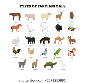 Set of different types of farm animal collection for education poster, vector illustration with cow, pig, sheep, turkey, owl, horse, duck, rabbit, pigeon, turtle, goose, rooster, alpaca, camel.