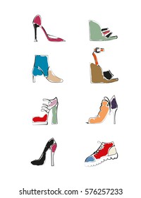 Set of Different Types of Fashion Shoes. Hand drawn sketch. Vector Illustration.