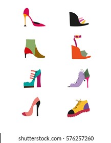 Set of Different Types of Fashion Shoes. Flat Icons. Vector Illustration.