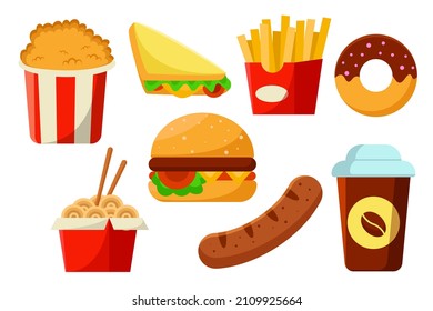 Set of Different types of fastfood in cartoon design flat vector illustration