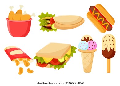 Set of Different types of fastfood in cartoon design flat vector illustration