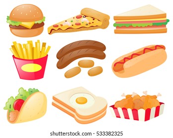 Set of different types of fastfood illustration