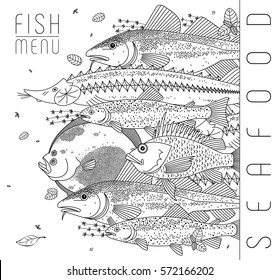 Set of different types of fish and fish seasoning for menus, recipes and designs. Black line drawings of edible fish, served in coastal or maritime restaurants. Vector, isolated on background.