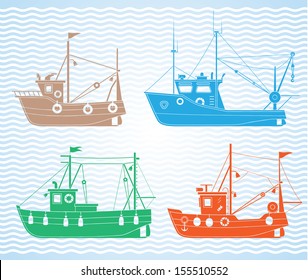 Set of different types of fishing boats