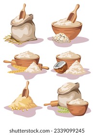 Set of different types of flour in sacks and wooden bowls isolated on white background. Vector illustration of oats, rice, buckwheat, wheat, corn and wheat flour in cartoon flat style.