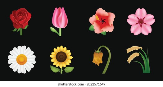 Set of different types of flowers and plants vector emoji illustration isolated on white background. House plants and flowers. Rose, sunflower, daisy, sakura and plants vector emoji set. 