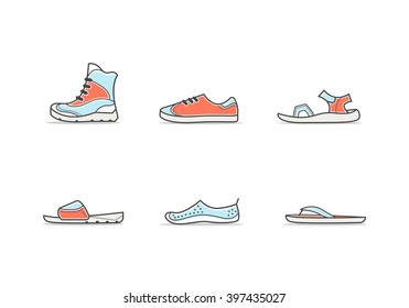 Set of different types of footwear: boots, sneakers, sandals, slippers, shoes for snorkeling