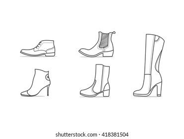 Set of different types of footwear. Five icons kinds of shoes . Outline black and white signs. Vector illustration of woman fall and winter shoes. Types of shoes 