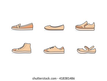 Set of different types of footwear. Six icons kinds of shoes . Brown signs. Vector illustration of woman sport and comfort shoes