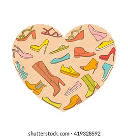 Set of different types of footwear. Vector illustration of woman shoes. Picture with the shoes in the shape of heart. Types of woman shoes art