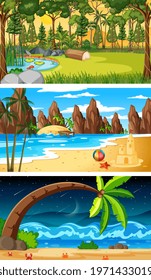 Set of different types of forest horizontal scenes illustration