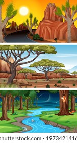 Set of different types of forest horizontal scenes illustration