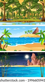 Set of different types of forest horizontal scenes illustration