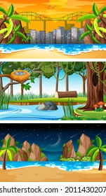 Set of different types of forest horizontal scenes illustration