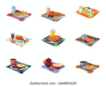 Set of different types of fresh breakfast. Vector illustration in flat cartoon style.