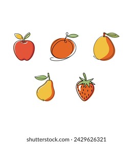 A set of different types of fresh and colorful fruits designed in a flat style on a white background