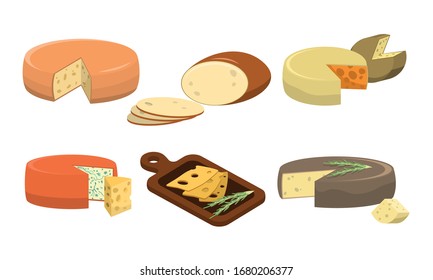 Conjunto de diferentes tipos de queso fresco. Ilustración vectorial al estilo de las caricaturas planas.