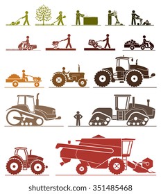 Set of different types of gardening and agricultural vehicles and machines. Mower, trimmer, saw, cultivator, tractors, harvesters, combines and excavators. Icon set of working machines.