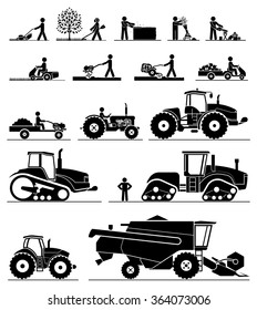 Set of different types of gardening and agricultural vehicles and machines. Mower, trimmer, saw, cultivator, tractors, harvesters, combines and excavators. Icon set of working machines.