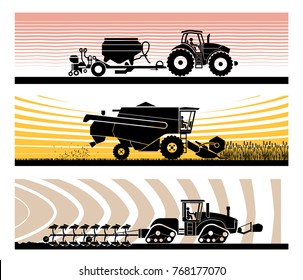 Set of different types of gardening and agricultural vehicles and machines. 
Sowing, mowing, harvesting, planting, agricultural works, soil preparation, arable land.
