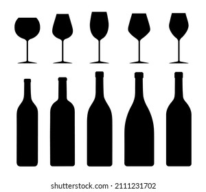 Set von verschiedenen Arten von Glas und Flasche Wein weißer Hintergrund. Vektorsymbole aus schwarz-weißem Weinglas im flachen Stil.