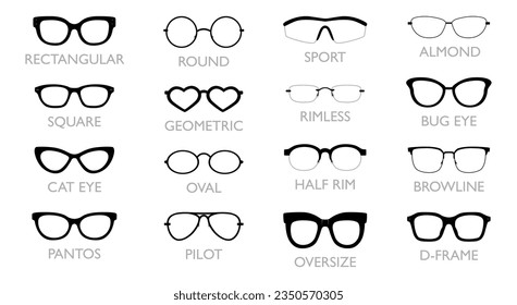 Conjunto de diferentes tipos de gafas: Piloto rectangular, redonda, cuadrada, ojo de gato, piantos, accesorio de moda, Clubmaster, Oval, sobredimensionada, ilustración Bug deportivo geométrico, Octagon de almendra, D-frame