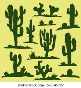Set of different types of green cacti plants. Vector illustration.