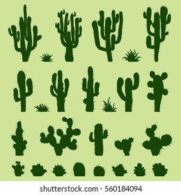 Set of different types of green cactus plants. Vector illustration