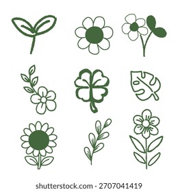 Set of different types of green leaves in various shapes and designs suitable for nature, eco, and environmental themes, graphics icon set