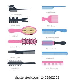 Set of different types of hair combs collection, Cartoon hairbrushes and professional comb for hair styling. Curling and style brush. Hairdresser, stylist and beauty salon tools vector set grooming. 