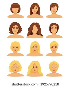 a set of different types of hair (curly, straight), different hair lengths and different hair colors for girls. icons isolated. 6 different haircuts and hairstyles. blondes and brunettes. vector flat