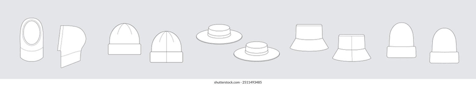 Set of different types of hat  templates isolated on a grey background. Summer hat, balaclava, bonnet, cap, fall hat.Front and back view. Outline fashion technical sketch of accessories model.