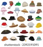 set different types hats Isolated on White Background