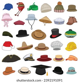 establecer diferentes tipos de sombreros aislados en fondo blanco