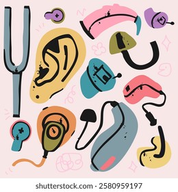 Set of different types of hearing aids. Ear, tuning fork, batteries, earbuds. Vector illustration. Isolated design elements.