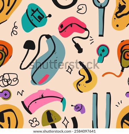 Set of different types of hearing aids. Ear, tuning fork, batteries, earbuds. Hand drawn Vector illustration. Seamless Pattern.