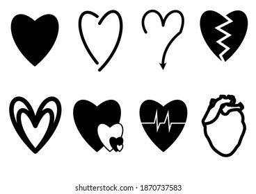 Set of different types of hearts. Black vector graphics. 