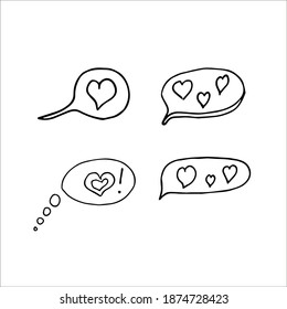 A set of different types of hearts in a text frame on a white background. Doodle illustration for postcards, stickers, planings, packaging paper, clothing, posters, magazines,