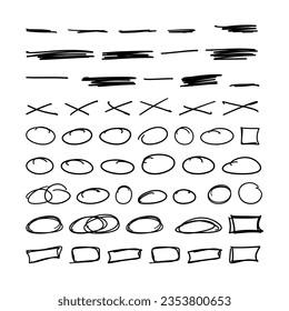 Set of different types highlighter design elements include in underline, cross mark, circle and square icon.