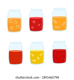 Set of different types of homemade compote, orange, lemon, cherry, apricot, pomegranate, strawberry, juice in glass jars, vector illustration in flat style