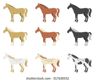 Set of different types of horses in a flat style.