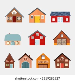 set of different types of houses and barn. isolated cartoon granary vector illustration in flat style