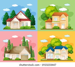 Set of different types of houses on colour background illustration