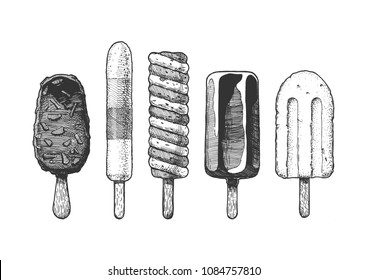 Set of different types of ice cream bar on a stick.  Vector hand drawn illustration in vintage engraved style. Isolated on white background. 