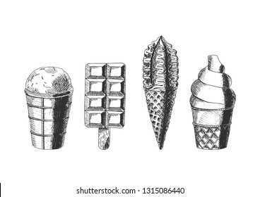 Set of different types of ice cream. .  Vector hand drawn illustration in vintage engraved style. Isolated on white background. 
