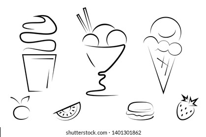 set with different types of ice cream, cone, cup, wafer, cherry, kiwi, macaroni, strawberry, vector line illustration